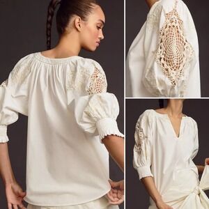 By Anthropologie Crochet Peasant Blouse Sz M Cottagecore Embroidered Puff Sleeve